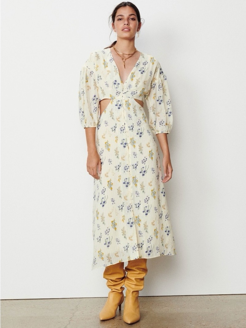 ba&sh Adele Cream Yellow Blue Floral V-Neck Midi Dress with Side Cutouts size XS